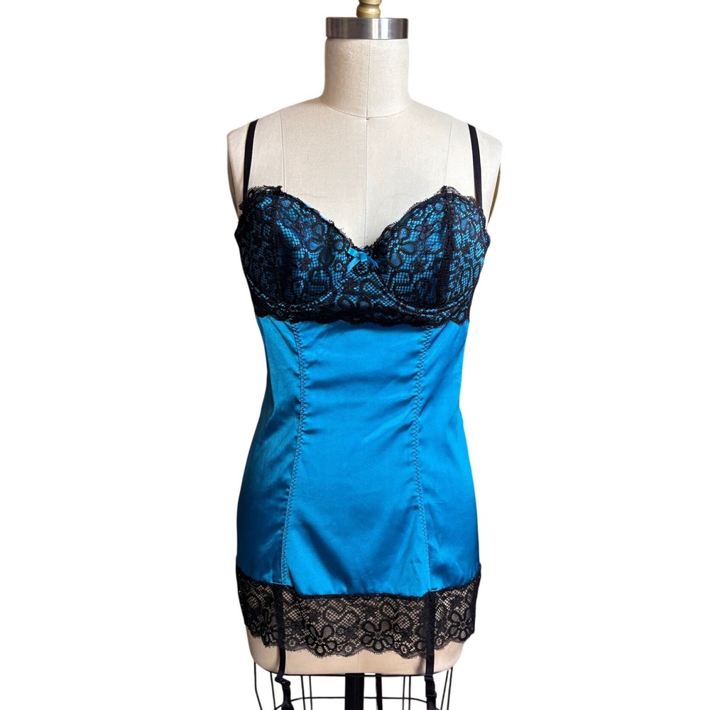 Fredericks of Hollywood Lace Trim Satin Corset Back Chemise Unbranded XL Blue